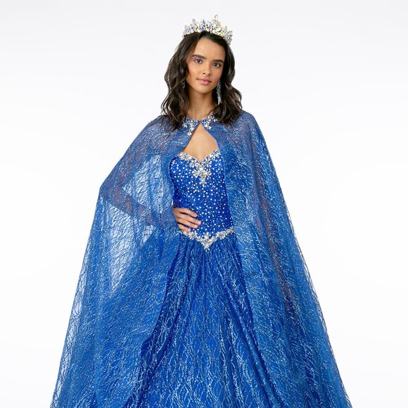 NEW LONG SLEEVELESS STRAPLESS MESH BALL GOWN EMBROIDERED WITH RHINESTONES GL2801 - Picture 7 of 9